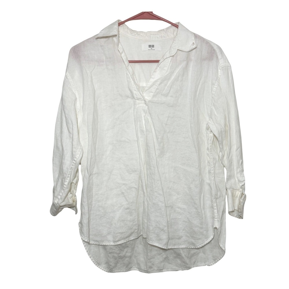 Uniqlo Linen Shirt White Relaxed Button Up Women's XS Minimalist Beachy Coastal
